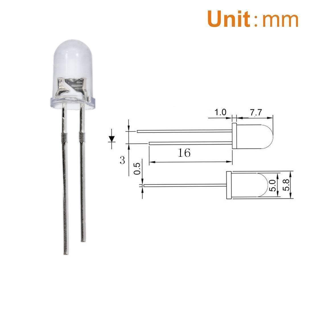 5mm Blue LED - shown as a physical component next to a technical drawing with dimension labels in millimeters.