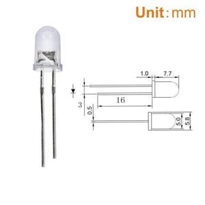 5mm Blue LED - shown as a physical component next to a technical drawing with dimension labels in millimeters.