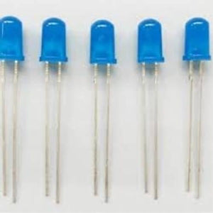 5mm Blue LED Light Emitting Diode - five individual blue-tinted, dome-shaped LED components with two metal leads each, arranged in a row.
