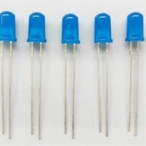 5mm Blue LED Light Emitting Diode - five individual blue-tinted, dome-shaped LED components with two metal leads each, arranged in a row.