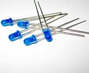 5mm Blue LED Light Emitting Diode - shown as a small pile of five blue, round-top electronic components with two metallic leads each.