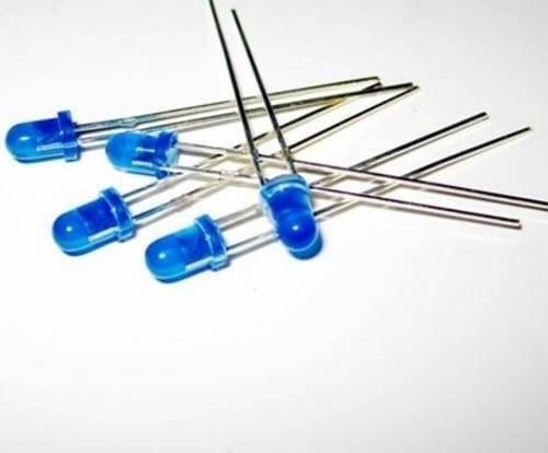 5mm Blue LED Light Emitting Diode - shown as a small pile of five blue, round-top electronic components with two metallic leads each.