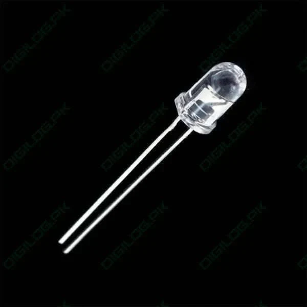 5mm Crystal Clear Orange LED - Through Hole Indicator Light - a single through-hole component with a clear, rounded top and two long metal lead wires against a black background.