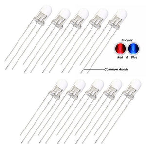 5mm Diffused Blue And Red Common Cathode 3 Pin Round 5mm LED Light-emitting Diode - ten clear 3-pin LEDs arranged in two rows with a diagram indicating common anode.