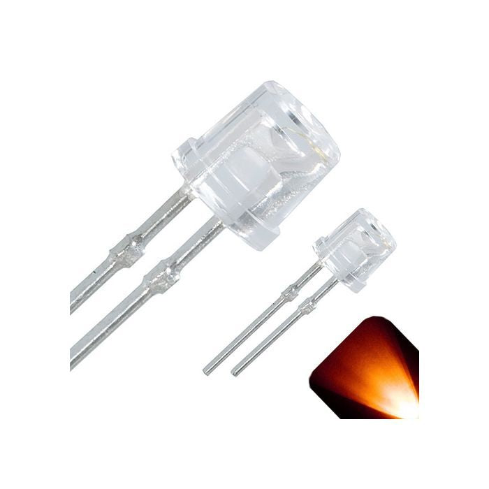 5mm Flat Top Wide Angle Orange / Amber LED - Wide Angle - two clear, flat-top LEDs and a glowing orange light effect in the corner.