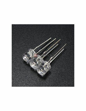 5mm Flat Top Wide Angle Orange / Amber LED - Wide Angle - components with two metal pins each, arranged side-by-side on a black surface.