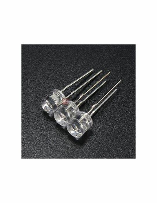 5mm Flat Top Wide Angle Orange / Amber LED - Wide Angle - components with two metal pins each, arranged side-by-side on a black surface.