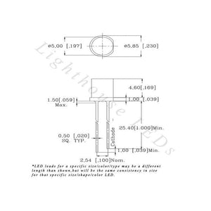5mm Flat Top Wide Angle Orange / Amber LED - Wide Angle - the technical specifications and measurements of the component.