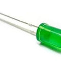5mm Green Diffused LED Light Emitting Diode - shown as a single green cylindrical component with two long metal pins extending from the base.