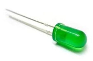 5mm Green Diffused LED Light Emitting Diode - shown as a single green cylindrical component with two long metal pins extending from the base.
