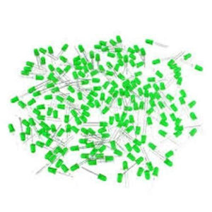 5mm Green Diffused LED Light Emitting Diode - shown as a large pile of numerous individual green-colored, round-head electronic components.