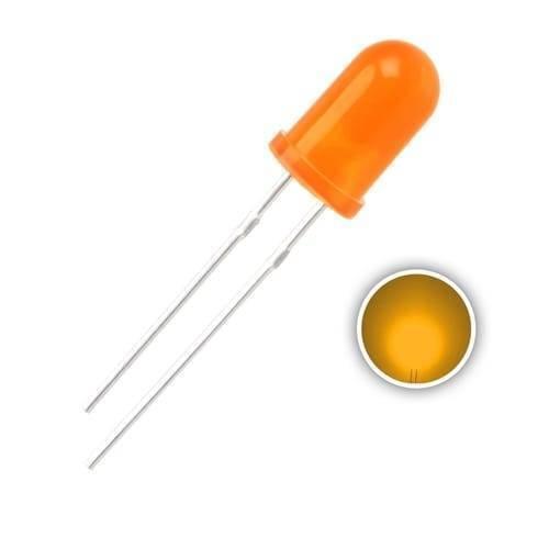 5mm Orange LED Lights - shown as a single orange-colored light-emitting diode with two metal pins and a circular close-up view of its top.