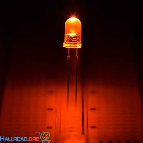 5mm Orange LED Lights - shown as a single, glowing orange bulb with two metal pins inserted into a breadboard.