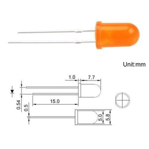 5mm Orange LED Lights - shown as a single orange LED component alongside a technical line drawing with dimensions in millimeters.