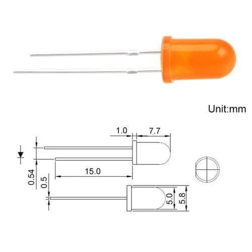 5mm Orange LED Lights - shown as a single orange LED component alongside a technical line drawing with dimensions in millimeters.
