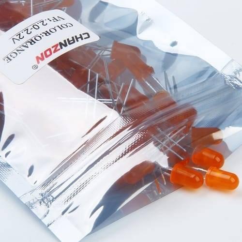 5mm Orange LED Lights - shown in a clear anti-static bag with a label indicating the color and voltage specifications.