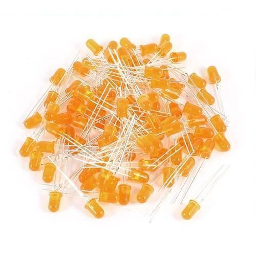 5mm Orange LED Lights - shown as a large pile of individual electronic components with clear plastic bulbs and two metal connector pins each.