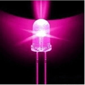 5mm Pink Ultra Bright LED - a single, clear, dome-shaped light-emitting diode glowing with a vibrant pink light against a black background.