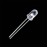 5mm Red LED Crystal Type - a clear, bullet-shaped light-emitting diode with two long metal pins extending from the base against a black background.