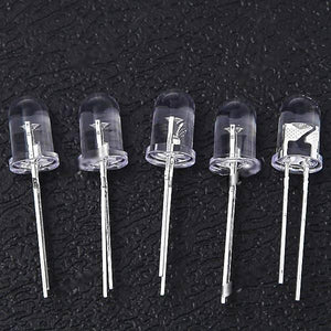 5mm Red LED Crystal Type - five clear, round-top light-emitting diodes with two metal pins each, arranged in a row against a black background.