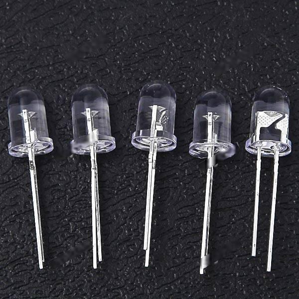 5mm Red LED Crystal Type - five clear, round-top light-emitting diodes with two metal pins each, arranged in a row against a black background.