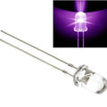 5mm UV LED Ultraviolet LED - shown as a single clear component with two metal leads and an inset image of the LED illuminated in purple light.