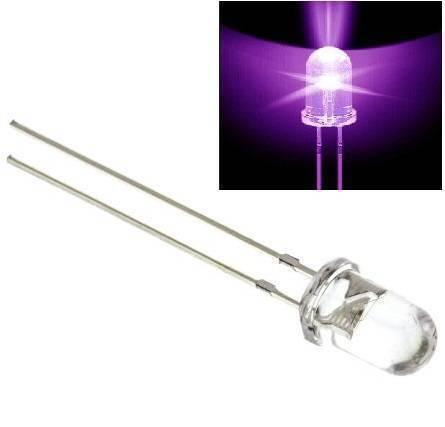5mm UV LED Ultraviolet LED - shown as a single clear component with two metal leads and an inset image of the LED illuminated in purple light.