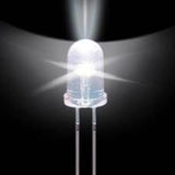 5mm White LED Light Bulb - a single, clear, dome-shaped LED component illuminated with a bright white light and two metal pins extending downwards.