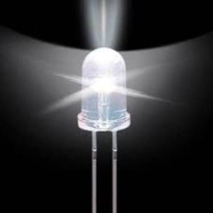 5mm White LED Light Bulb - a single, clear, dome-shaped LED component illuminated with a bright white light and two metal pins extending downwards.