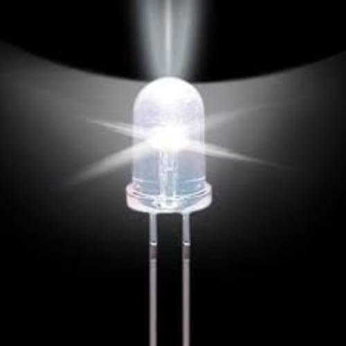 5mm White LED Light Bulb - a single, clear, dome-shaped LED component illuminated with a bright white light and two metal pins extending downwards.