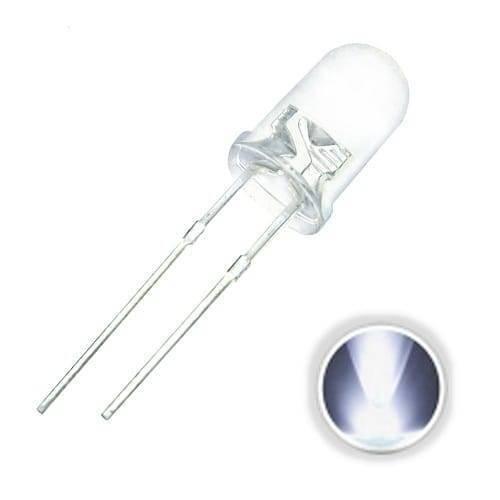 5mm White LED Light Bulb - a clear, dome-shaped LED component with two metal leads and a circular inset displaying the bulb illuminated in white.