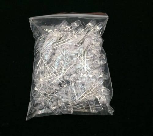 5mm White LED Light Bulb - shown as a large collection of clear, round-top light-emitting diodes packaged together inside a clear plastic zip-lock bag.