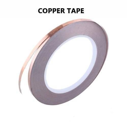 5mm x 20M Conductive Copper Foil Tape - shown as a single roll of thin, metallic copper-colored adhesive tape on a white plastic core.