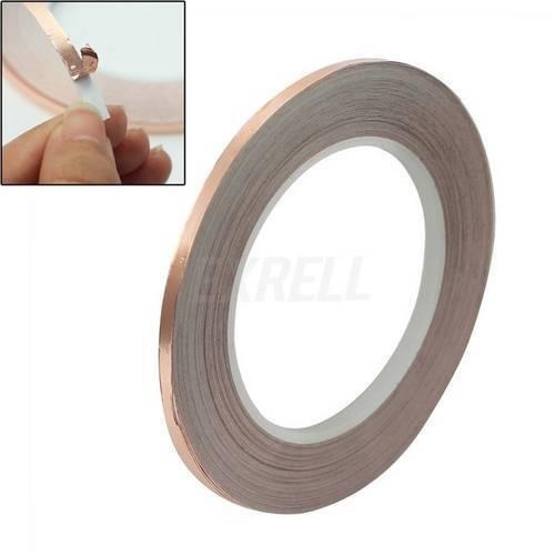 5mm x 20M Conductive Copper Foil Tape - shown as a copper-coloured roll with an inset close-up of a finger peeling the adhesive backing.