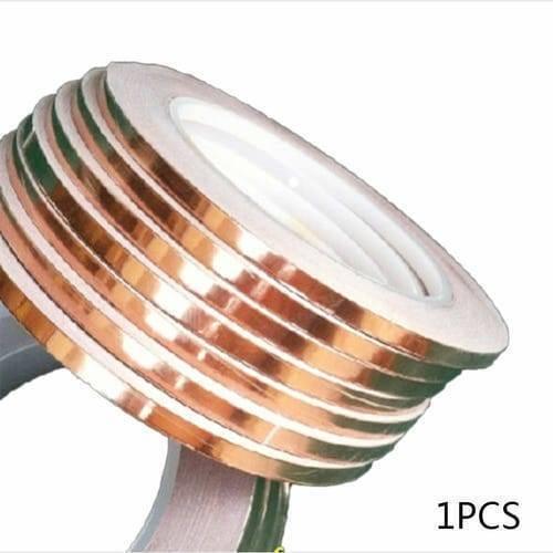 5mm x 20M Conductive Copper Foil Tape - shown as a single roll of shiny, metallic copper-coloured adhesive tape with a white inner core.