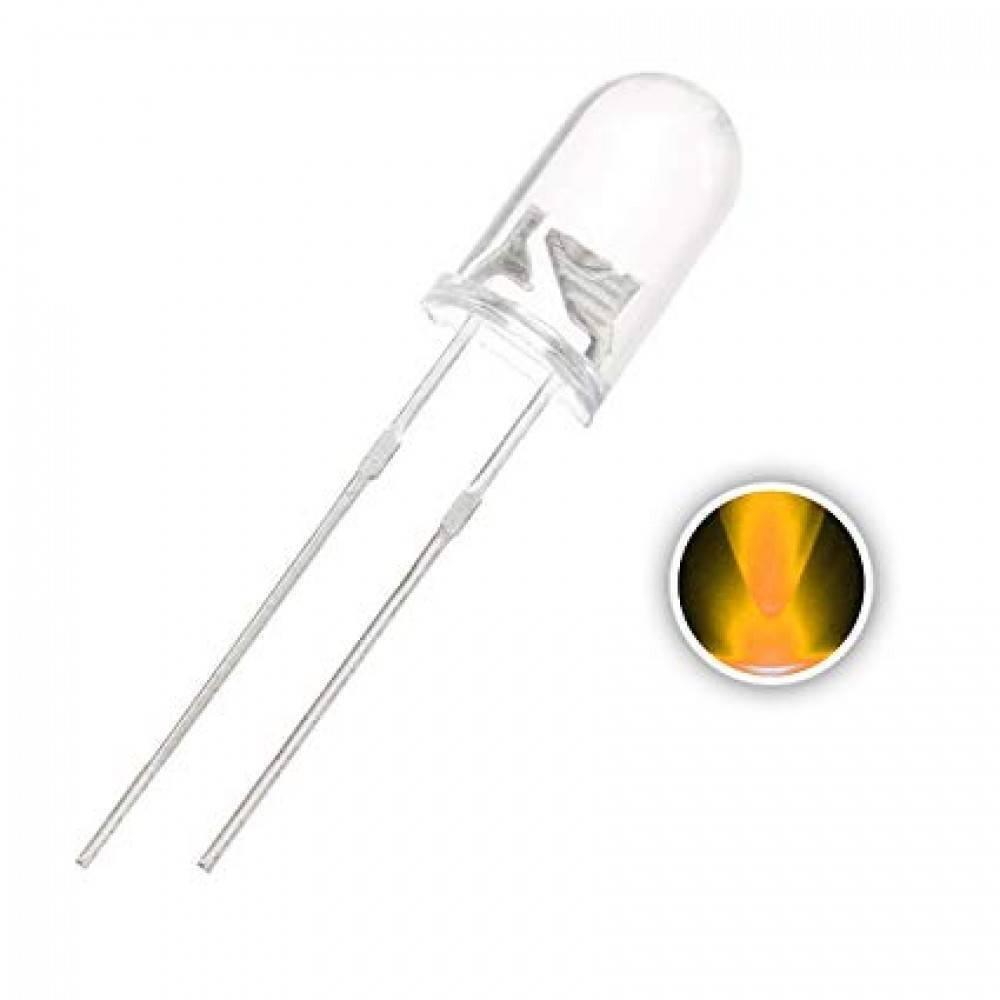 5mm Yellow LED Crystal Bright - a clear, dome-shaped LED with two metal pins and a circular inset displaying the yellow light emission.