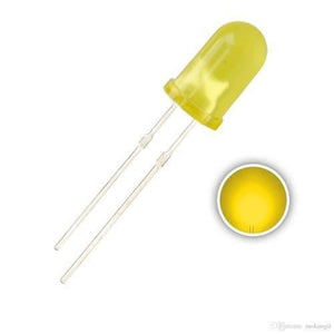 5mm Yellow LED Light Emitting Diode - shown as a single yellow-tinted component with two metal leads and a separate circular close-up view of its top.