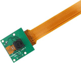 5MP Raspberry Pi Camera Module For Pi 5 And Pi Zero - a green circuit board with a lens and a long, flat orange ribbon cable attached.