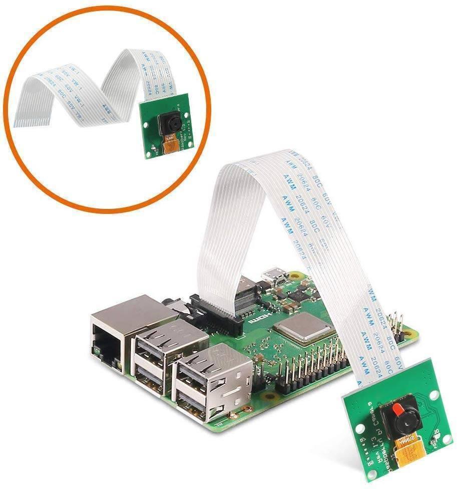 5MP Raspberry Pi Camera Module V1.3 - connected to a green Raspberry Pi circuit board via a flat white ribbon cable, with an inset showing the camera.