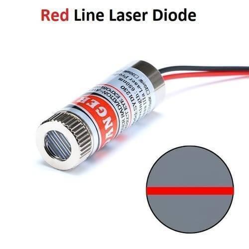 5mW 650nm Red Line Laser Module Focus Adjustable Laser Diode - a cylindrical red laser diode with an adjustable focus lens, red and black wires, and a red line projection.