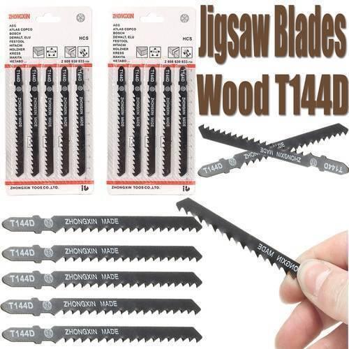 5pcs Jigsaw Blades Wood Cutter T144D - shown in two retail blister packs, with five loose black metal blades arranged below and one held by a hand.