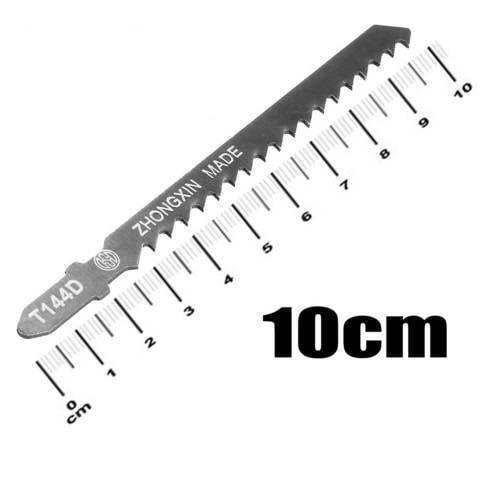5pcs Jigsaw Blades Wood Cutter T144D - shown as a single grey metal blade positioned diagonally against a printed 10cm measurement scale.