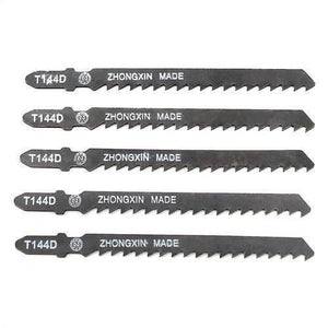 5pcs Jigsaw Blades Wood Cutter T144D - five identical black metal jigsaw blades arranged horizontally, each labeled T144D and ZHONGXIN MADE.