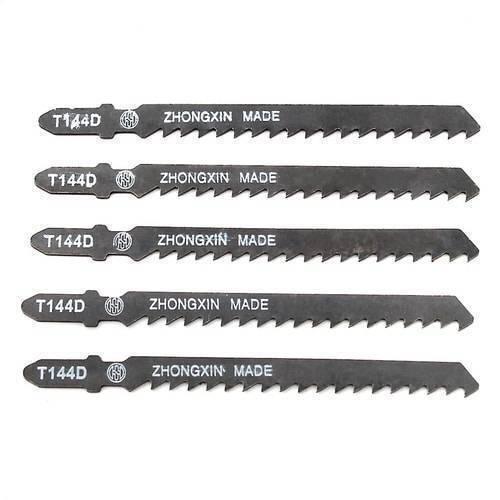 5pcs Jigsaw Blades Wood Cutter T144D - five identical black metal jigsaw blades arranged horizontally, each labeled T144D and ZHONGXIN MADE.