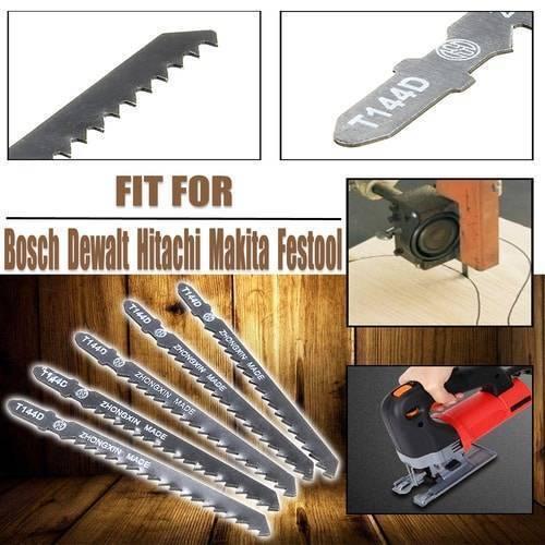 5pcs Jigsaw Blades Wood Cutter T144D - shown in a collage with close-up views of the blade teeth, the T-shank, and the blade attached to a jigsaw tool.