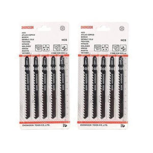 5pcs Jigsaw Blades Wood Cutter T144D - shown as two identical retail blister packs, each containing five black, serrated metal jigsaw blades.