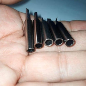 5pcs Lead-free Soldering Iron Tips - shown as a close-up of five metallic, hollow-ended soldering tips of varying shapes held in a hand.