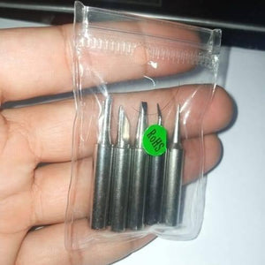 5pcs Lead-free Soldering Iron Tips - shown inside a clear plastic bag, featuring five distinct metal tip shapes and a green RoHS sticker.