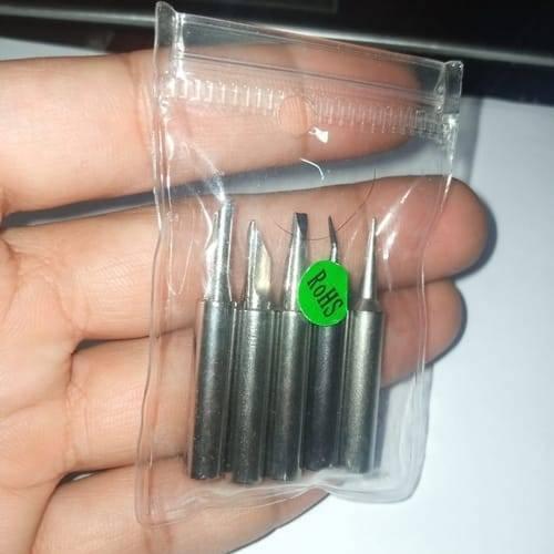 5pcs Lead-free Soldering Iron Tips - shown inside a clear plastic bag, featuring five distinct metal tip shapes and a green RoHS sticker.