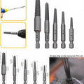 5Pcs Screw Extractor Broken head damage Screw Remover Screwdriver Stripped Screw - five grey metal drill bits, usage examples, and a dimension diagram with measurements in millimeters and inches.